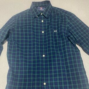 Vineyard Vines Classic Fit, Navy and Green Plaid Shirt Size Medium